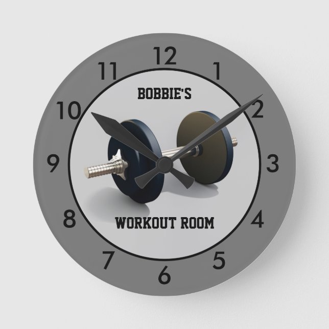 Grey Workout Room Fitness Personalized Round Clock (Front)
