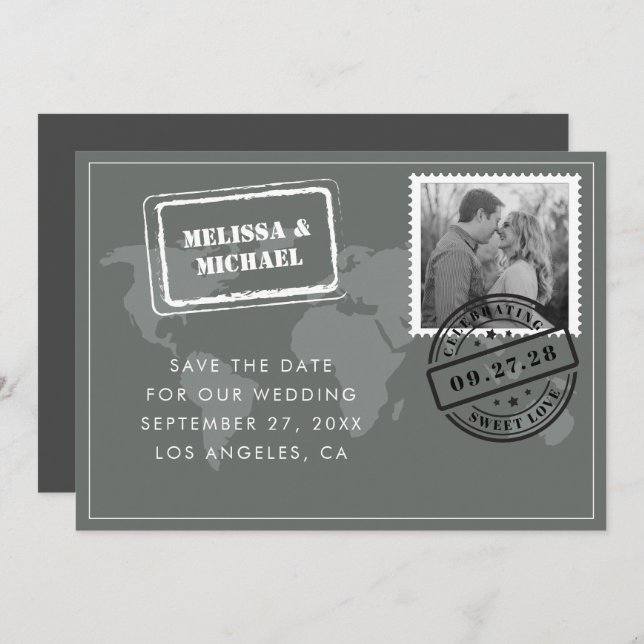 Grey World Map Destination Wedding Photo Save The Date (Front/Back)