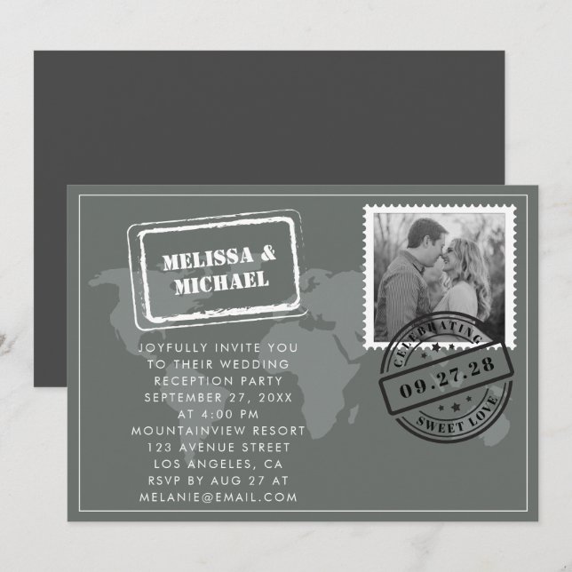 Grey World Map Destination Wedding Reception Invitation (Front/Back)