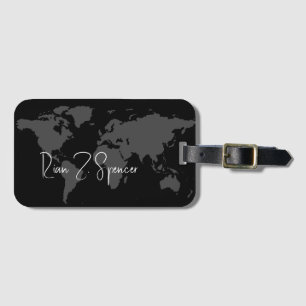 Grey World Map with Name on Black   Luggage Tag