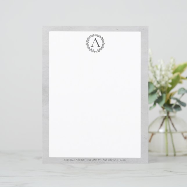 Grey Wreath Monogram Stationery (Standing Front)