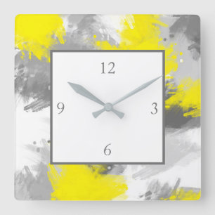 Grey Yellow Abstract Brushstrokes Square Wall Clock