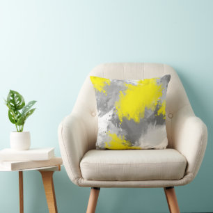 Grey Yellow Abstract Brushstrokes Throw Pillow