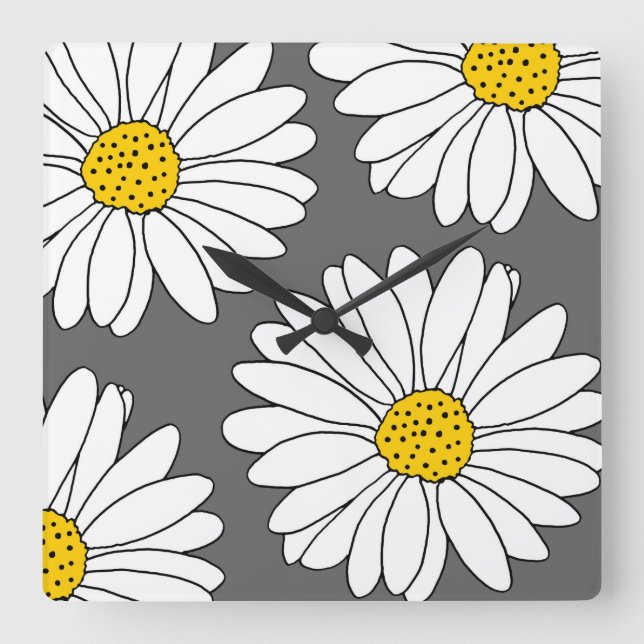 Grey Yellow and White Daisies Square Wall Clock (Front)