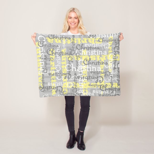 Grey Yellow Baby Allover Name Collage Personalized Fleece Blanket (In Situ)