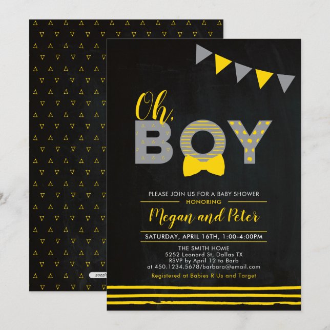 Grey & Yellow | Chalkboard "Oh Boy" Baby Shower Invitation (Front/Back)