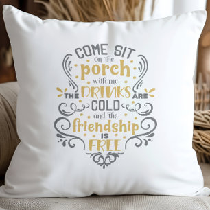 Grey Yellow Come Sit on the Porch Floral Fun Outdoor Pillow