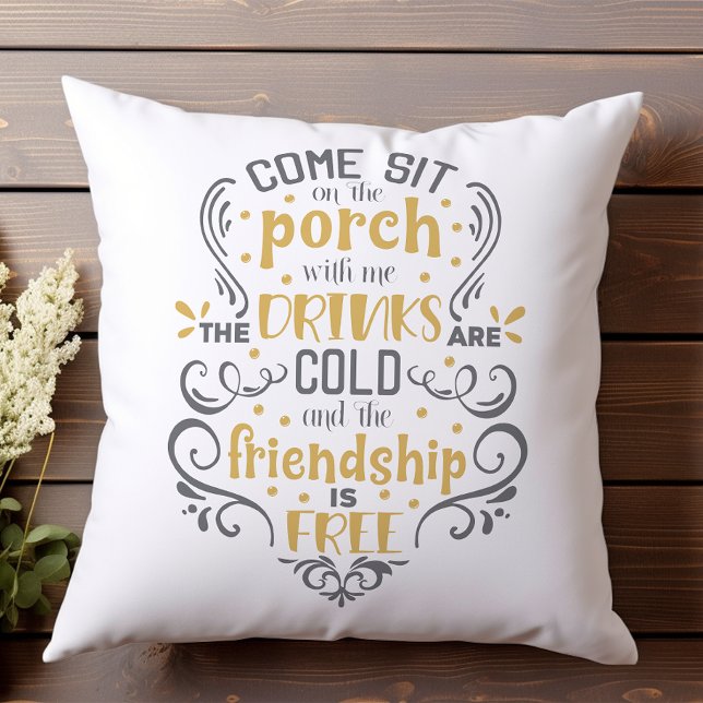 Grey Yellow Come Sit on the Porch Floral Fun Outdoor Pillow (Creator Uploaded)