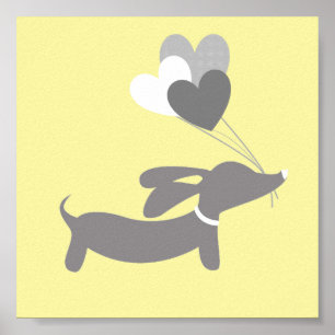Grey & Yellow Dachshund Nursery Art with Hearts Poster