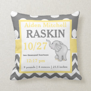 Grey Yellow Elephant Baby Announcement Pillow