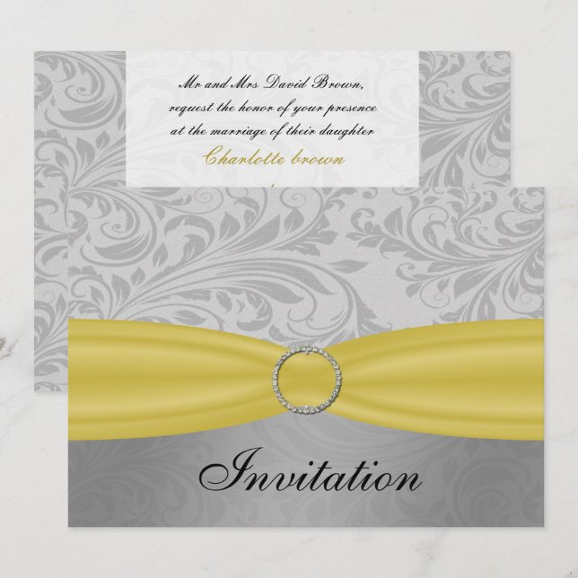 Grey Yellow  FAUX ribbon diamante buckle Wedding Invitation (Front/Back)