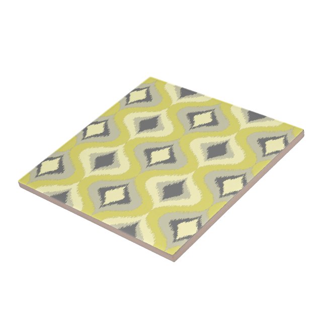 Grey Yellow Green Ochre Retro Ikat Drops Pattern Tile (Side)