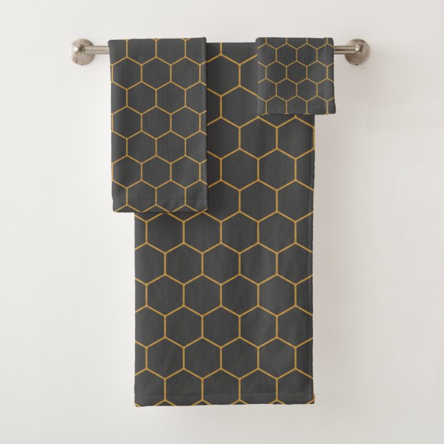 Grey Yellow Honeycomb Hexagon Pattern Trendy Manly Bath Towel Set (Insitu)