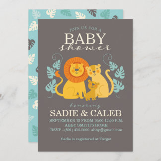 Grey, Yellow, Jungle Lion Baby Shower Invitation