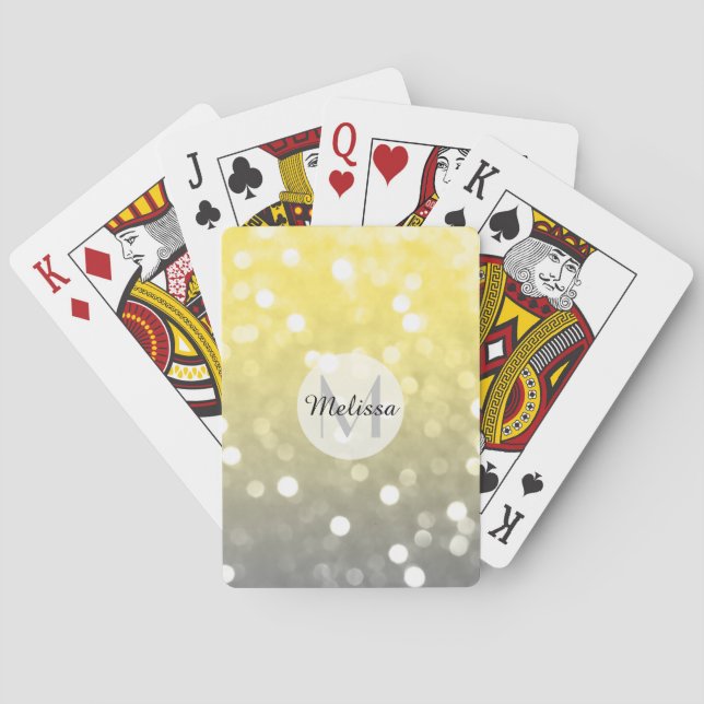 Grey yellow light sparkly bokeh abstract Monogram Playing Cards (Back)
