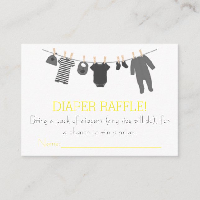 Grey & Yellow Little Clothes Diaper Raffle Tickets Enclosure Card (Front)