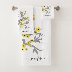 Grey yellow love birds sakura cherry tree blossoms bath towel set