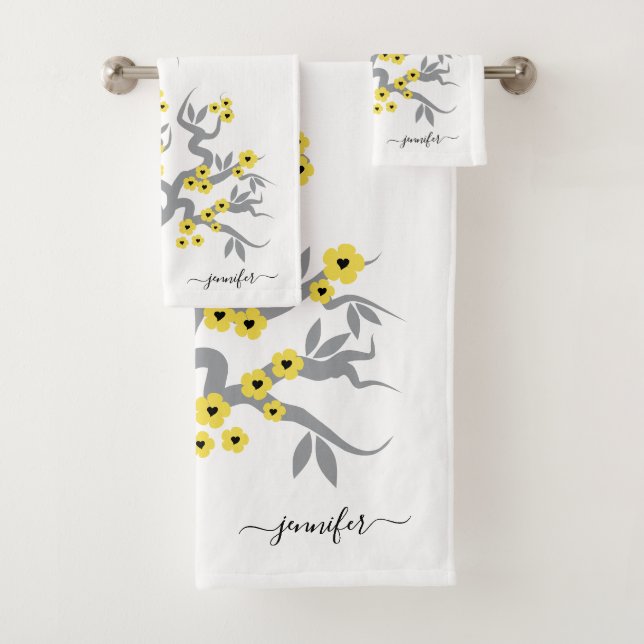 Grey yellow love birds sakura cherry tree blossoms bath towel set (Insitu)