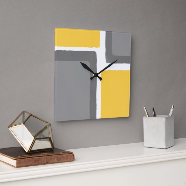 Grey Yellow Minimalist Colour Block Square Wall Clock (Office)