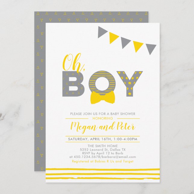 Grey & Yellow | Modern Typography Boy Baby Shower Invitation (Front/Back)