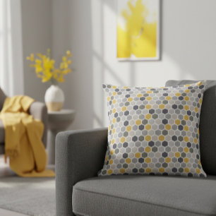 Grey Yellow Neutral Modern Geometric Hex Throw Pillow