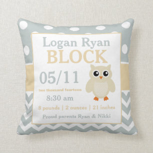 Grey Yellow Owl Baby Announcement Pillow