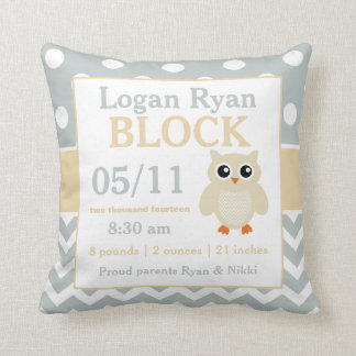 Grey Yellow Owl Baby Announcement Pillow