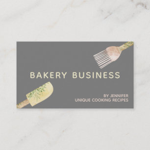 Grey Yellow Pink Pastry Watercolor leaf spoon Business Card