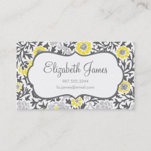 Grey & Yellow Retro Floral Damask Business Card
