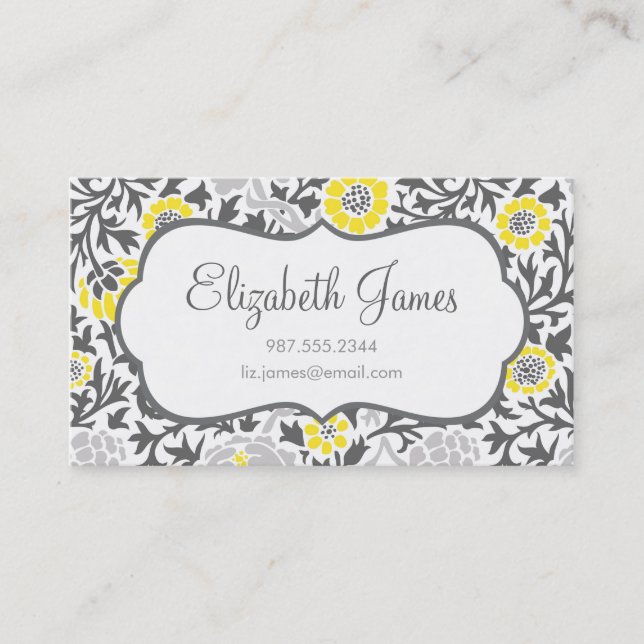 Grey & Yellow Retro Floral Damask Business Card (Front)