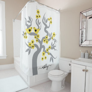 Grey yellow sakura cherry tree blossoms love birds