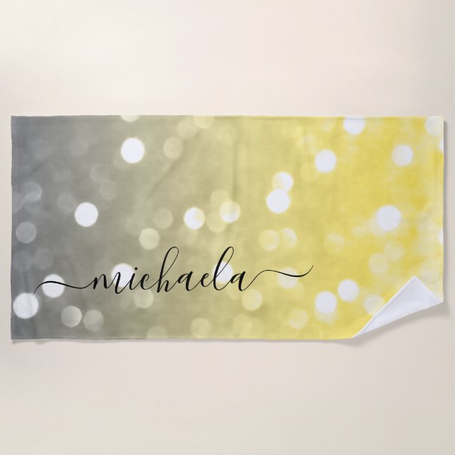 Grey yellow sparkly bokeh Custom name Beach Towel (Front)