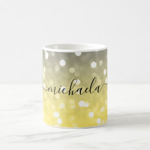 Grey yellow sparkly bokeh Custom name Coffee Mug