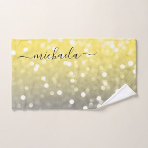 Grey yellow sparkly bokeh Custom name Hand Towel