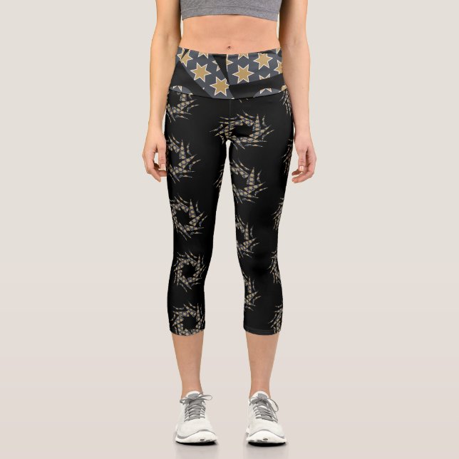 Grey Yellow Star Triangle Pattern Capri Leggings (Front)