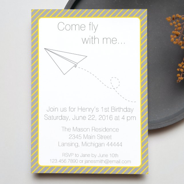 Grey Yellow Striped Paper Airplane Birthday Invite (Creator Uploaded)