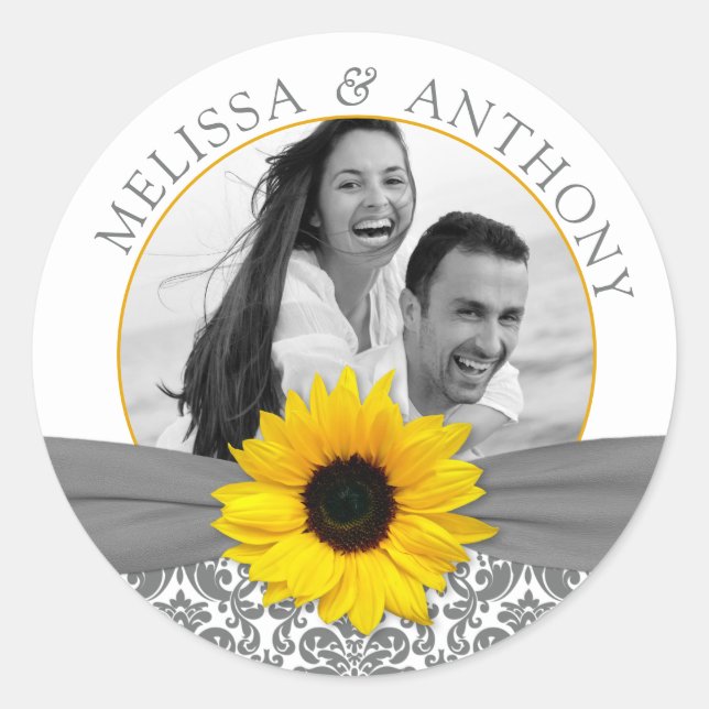 Grey Yellow Sunflower Photo Wedding Save Date Classic Round Sticker (Front)
