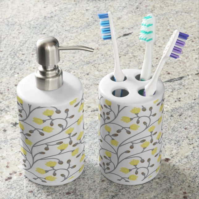 Grey & Yellow Toothbrush holder & Soap Dispenser (Front)