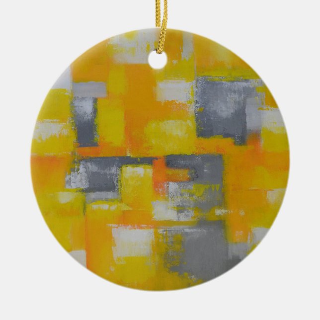 grey yellow white abstract art painting ceramic ornament (Front)