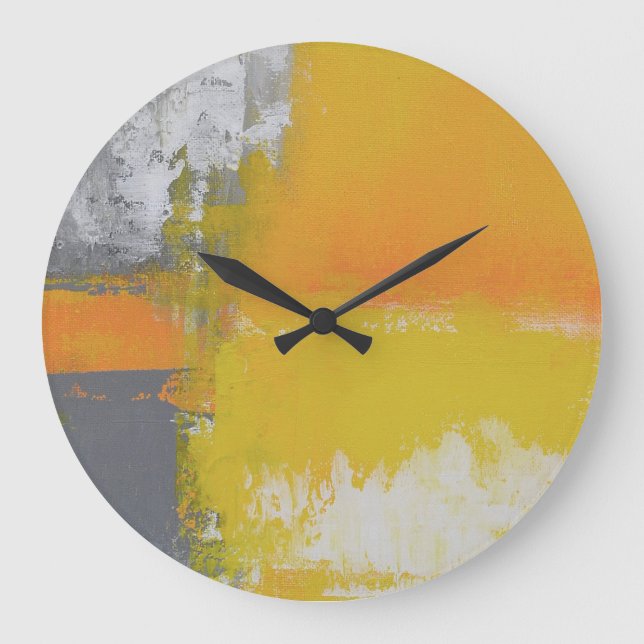 grey yellow white abstract art painting large clock (Front)