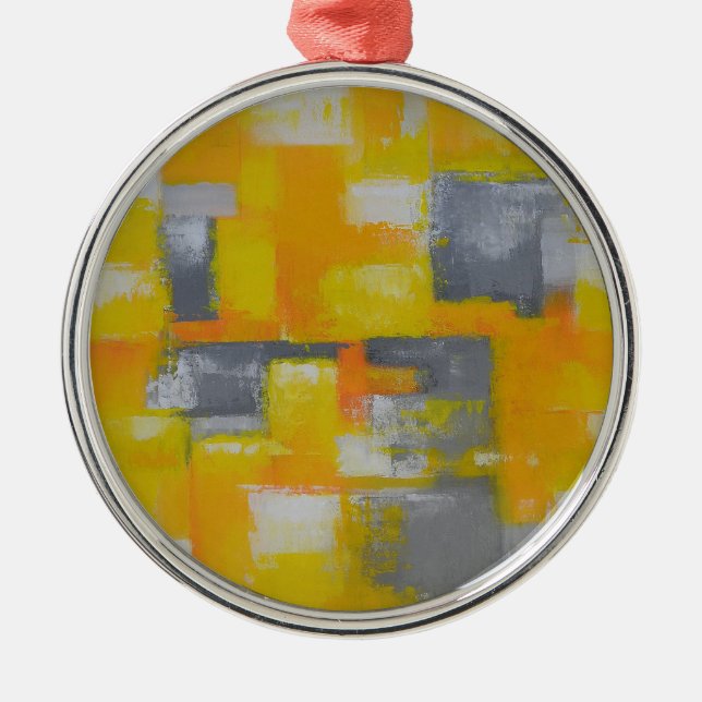 grey yellow white abstract art painting metal ornament (Front)