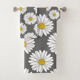 Grey Yellow White Daisy Pattern Bath Towel Set