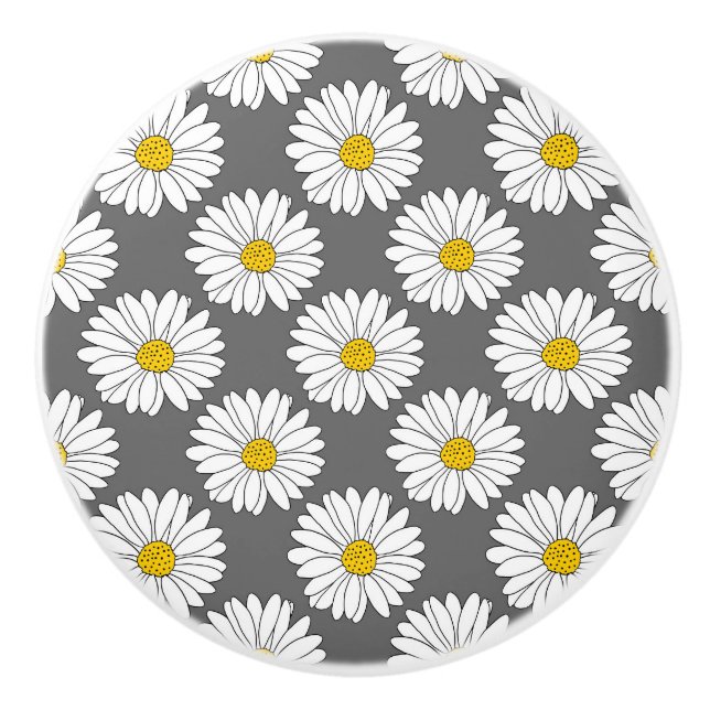 Grey Yellow White Daisy Pattern Ceramic Knob (Front)