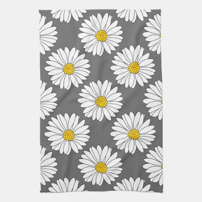 Grey Yellow White Daisy Pattern Kitchen Towel (Vertical)