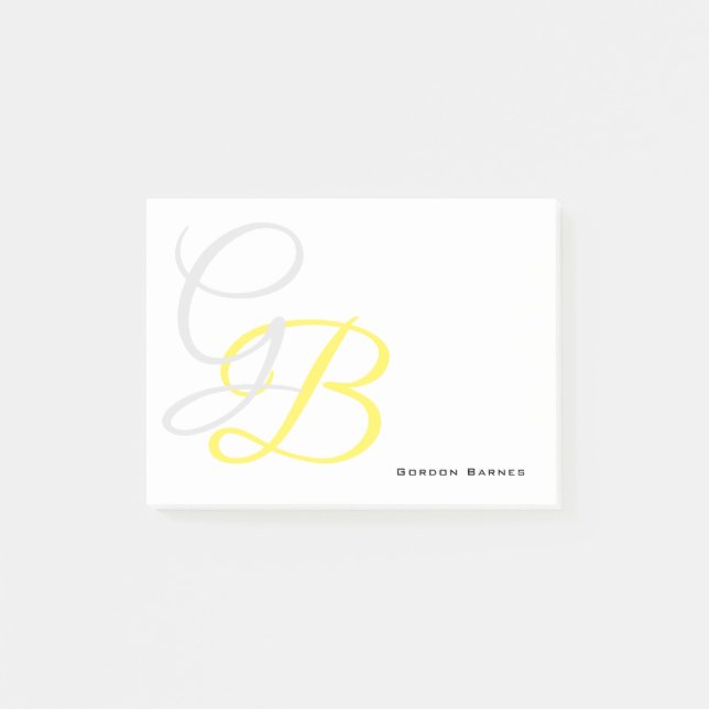 Grey Yellow White Monogrammed Your Name Custom Post-it Notes (Front)