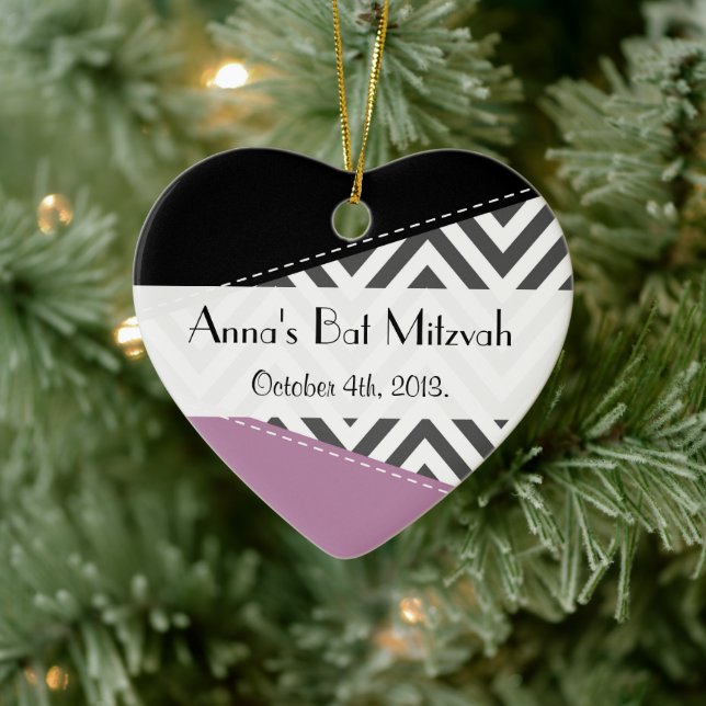 Grey Zigzag, Chevron, Zigzag Pattern, Bat Mitzvah Ceramic Ornament (Tree)