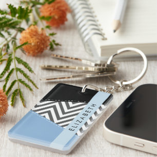 Grey Zigzag, Grey Chevron, Bleu, Votre Nom