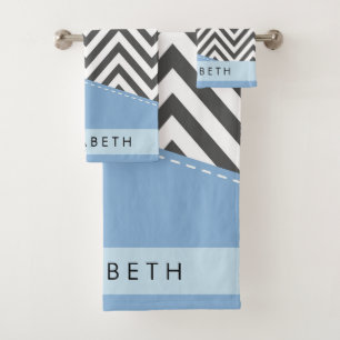 Grey Zigzag, Grey Chevron, Bleu, Votre Nom