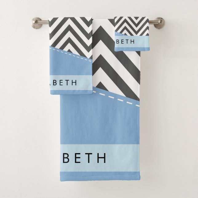 Grey Zigzag, Grey Chevron, Bleu, Votre Nom (En situation)