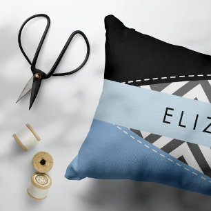 Grey Zigzag, Grey Chevron, Blue, Your Name Accent Pillow